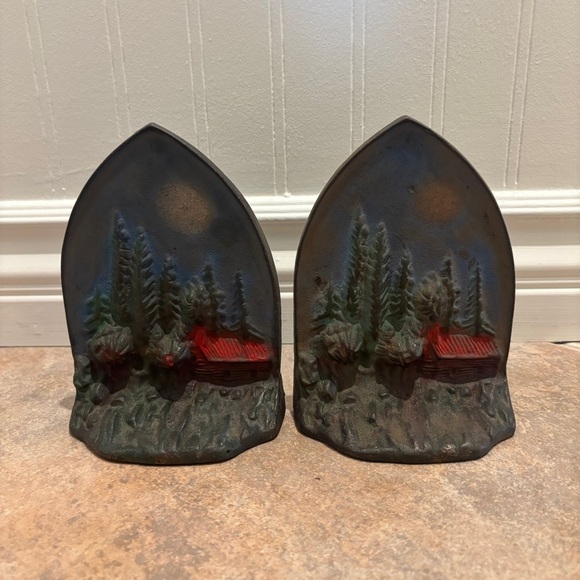 Vintage Cabin Scene Cast Iron Bookends 1920s 1930s Rustic Cottage Farmhouse - Picture 2 of 7